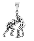 Silver pendant featuring two wrestlers in a grappling pose, designed intricately to portray a realistic wrestling match.
