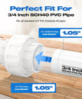 Four Pack Three Quarter Inch PVC Union Pipe Fittings Slip Joint Adapters Socket To Socket With Built In EPDM O Ring Schedule 40