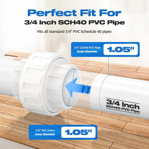 Four Pack Three Quarter Inch PVC Union Pipe Fittings Slip Joint Adapters Socket To Socket With Built In EPDM O Ring Schedule 40