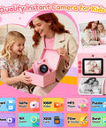 Kids Camera With Instant Print No Ink Thermal Photo Printer Pink For Ages 3 To 12, Easy Snap And Share, Perfect Birthday Gift For Girls, Inkless Printing, Color Paper Optional Not Included, Durable Fun For Young Shutterbugs. Pink kids instant print camera with box, display screen, and printed photo