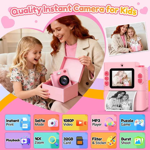Kids Camera With Instant Print No Ink Thermal Photo Printer Pink For Ages 3 To 12, Easy Snap And Share, Perfect Birthday Gift For Girls, Inkless Printing, Color Paper Optional Not Included, Durable Fun For Young Shutterbugs. Pink kids instant print camera with box, display screen, and printed photo