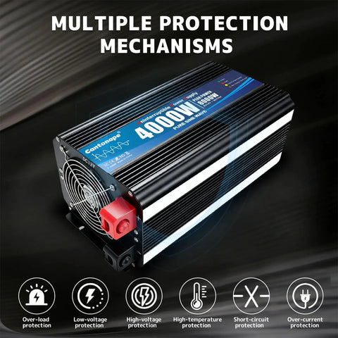 Heavy Duty 4000W Sump Pump Backup Battery System With Pure Sine Wave Output showing inverter and protection features.