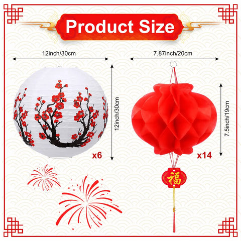 20 Piece Chinese Japanese Paper Lantern Set With 12 Inch Cherry Flower Lanterns And 7.87 Inch Red Lanterns for decoration purposes