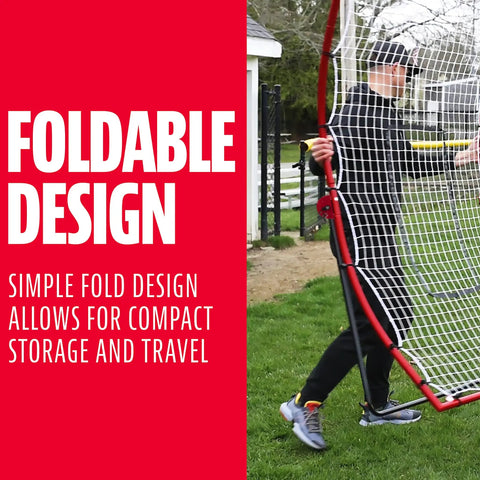 Person carrying foldable MLB Flyback Pitch Back Net For Baseball Training With Multi Position Return 65 By 44 Inches.