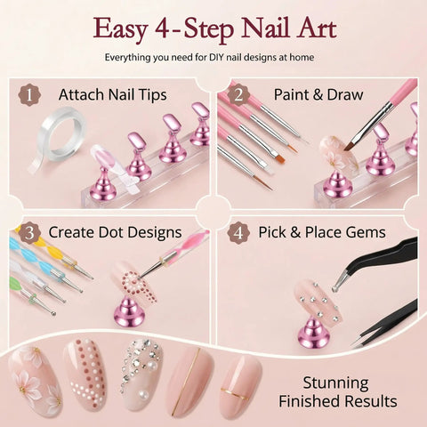 Easy 4-step nail art process showing Beginner Home DIY Press On Nail Kit With 15 Nail Art Brushes 5 Dotting Pens Nail Stand.