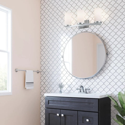 Three Light Slick Satin Nickel Bathroom Light Fixture With Frosted Glass Shades Dimmable Vanity Lighting For Bathrooms Built To Last Rustproof Design Mount Up Or Down Ideal For Hallways Bedrooms Or Powder Rooms above mirror