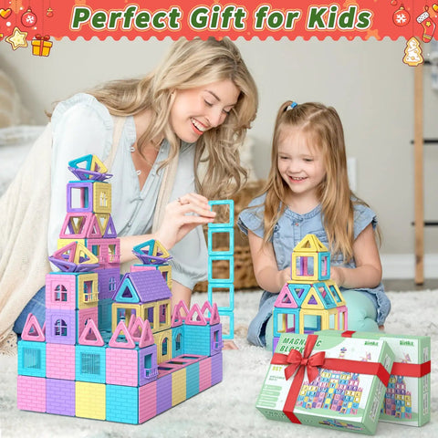 Awesome 100 Piece Magnetic Tiles Set For Kids Magnetic Blocks STEM Toy For Ages 3 To 8 Build Cars Castles And More Hands On Learning With Colorful Macaron Blocks Ideal Gift For Boys And Girls. Mother and child building colorful magnetic tile castles from ABS blocks