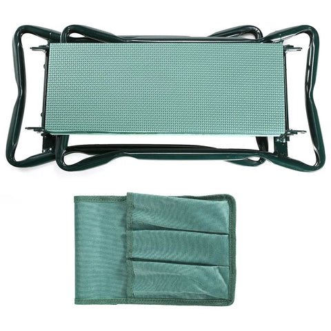 Top view of Garden Kneeler And Seat Foldable Stool With Thick EVA Foam Padding And Handy Tool Pouch, showing iron frame and pouch.