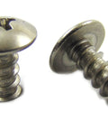 Close-up of Size 10 X 3/4 Inch Truss Head Phillips Wood Screws made of 304 stainless steel, ideal for heavy-duty carpentry.