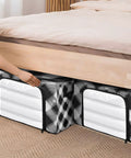Totally Slick Foldable Storage Bin With Clear Vinyl Window And Reinforced Steel Frame Dual Zippered Openings For Hassle Free Access Checkered Pattern placed under a bed.