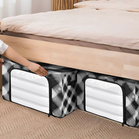 Totally Slick Foldable Storage Bin With Clear Vinyl Window And Reinforced Steel Frame Dual Zippered Openings For Hassle Free Access Checkered Pattern placed under a bed.