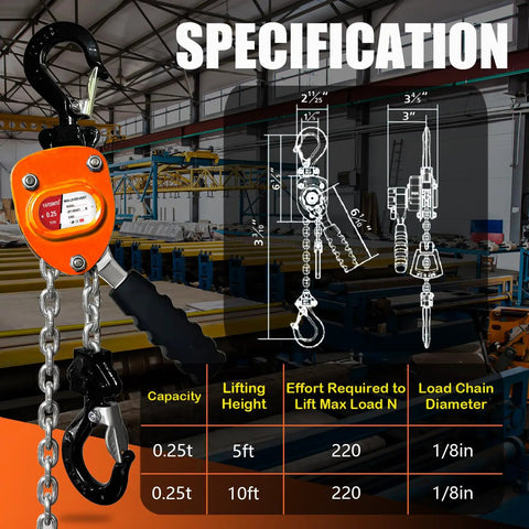 Manual Lever Chain Hoist Come Along 3300lbs 5ft Chain 1.5 Ton 1.5M Heavy Duty Winch specifications in warehouse setup.