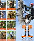 Tree Climbing Spikes With Cowhide Leather Straps shown in use for climbing and various activities like pet rescue and fruit picking.