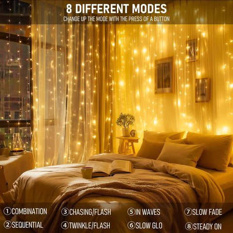 Warm White 300 LED Curtain Lights for bedroom and window backdrop with various modes, illuminating a cozy bedroom scene.