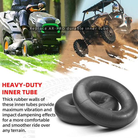 Heavy Duty 13x6.50-6 Inner Tube With TR-13 Straight Valve For Razor Dirt Quad ATV Golf Cart Riding Mower Tractor Trailer Snow Blower Wheelbarrow And More 4 Pack displayed with a riding mower and ATV