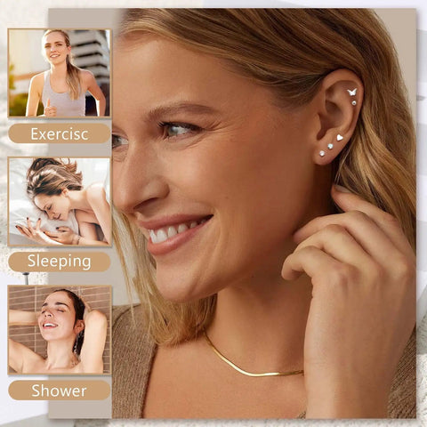 Hypoallergenic Flat Back Stud Earrings Set 21 Pairs Of Stainless Steel Earrings For Women Nickel Free And Lead Free Rust Proof And Tarnish Resistant Vacuum Plated Finish For Comfort, worn in ear