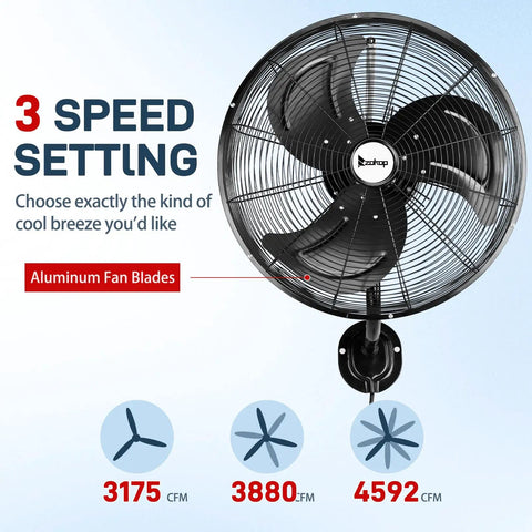 18 Inch Wall Mount Oscillating Fan With Aluminum Blades, High Velocity Airflow Up To 4592 CFM, 3 Speed Settings Display