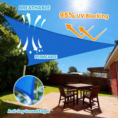Blue Triangle Sun Shade Sail 14 By 14 By 19.8 Feet UV Blocking Up To 95 Percent Breathable HDPE Canopy for patio installed.