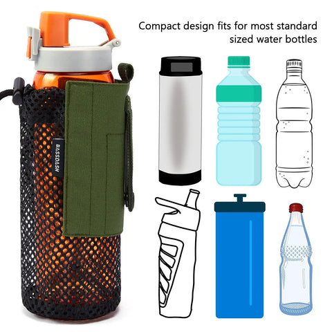 Rugged Tactical Molle Water Bottle Pouch with Carabiner Foldable Mesh Holder showing size comparison with various bottles.