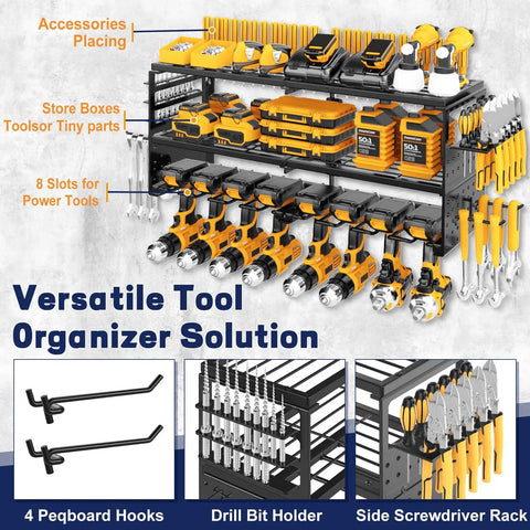 Heavy Duty Wall Mount Tool Organizer Rack For Garage 3 Tier Metal Shelf With 8 Drill Holders 300 Lb Capacity Cordless Tool Storage System For Batteries Screwdrivers And Accessories