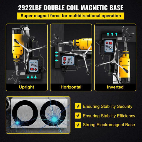 Powerful 750W Magnetic Drill Press With Stepless Speed Control And Multifunctional Electric Bench Drilling Machine showing 2922lbf magnetic base capabilities.
