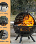 Huge 35 Inch Wood Burning Fire Pit With Built In BBQ Grill For Backyard Bonfires Heavy Duty Outdoor Fire Pit With Spark Screen and Removable Ash Pan, featuring stability and easy-open design, on patio