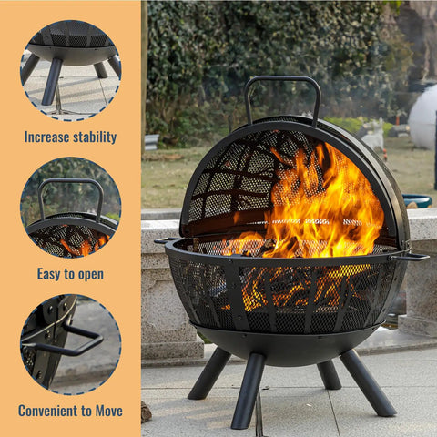 Huge 35 Inch Wood Burning Fire Pit With Built In BBQ Grill For Backyard Bonfires Heavy Duty Outdoor Fire Pit With Spark Screen and Removable Ash Pan, featuring stability and easy-open design, on patio