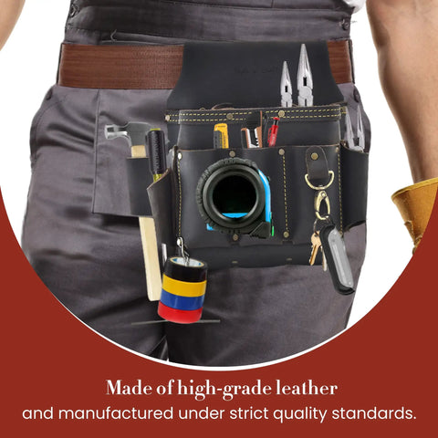 Electrician wearing the 10 Pocket Electrician's Tool Pouch Built From Full Grain Oiled Leather, tools visible in pouch