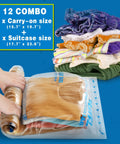 Travel Compression Bags 12-Piece Set With 6 Medium And 6 Large Space Saver Bags No Vacuum Needed For Cruise Packing And Luggage Organization Great For Travel Essentials And Home Use Carry-On Ready, with clothes inside.
