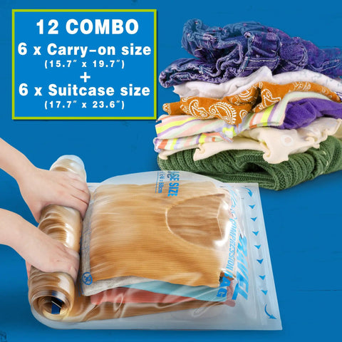 Travel Compression Bags 12-Piece Set With 6 Medium And 6 Large Space Saver Bags No Vacuum Needed For Cruise Packing And Luggage Organization Great For Travel Essentials And Home Use Carry-On Ready, with clothes inside.
