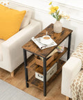 Rustic Brown And Black 3 Tier End Table With Open Storage Shelves Sleek Industrial Side Stand Fits Snugly In Tiny Spaces placed beside a sofa
