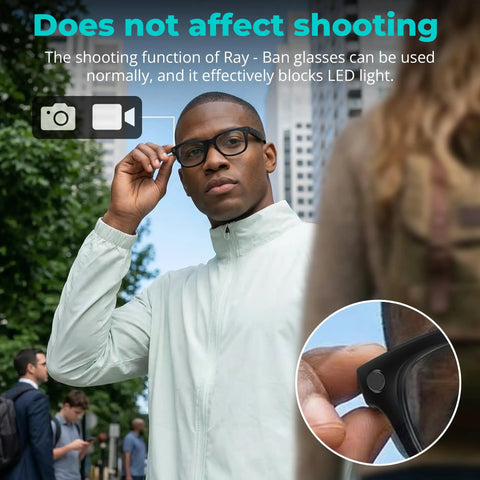 Person wearing Ray-Ban glasses using LED Light Blocking Stickers Kit For Ray Ban Meta Wayfarer Skyler Headliner Gen 2 And Oakley Meta HSTN