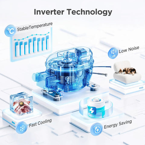 Inverter Technology illustration featuring fast cooling, low noise, stable temperature, and energy-saving components.