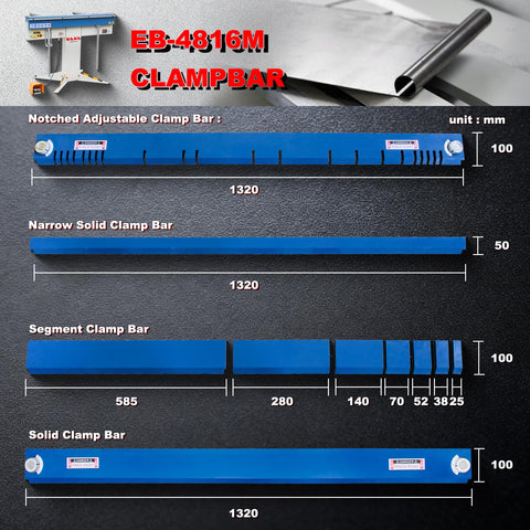Blue KAKA EB-4816M clamp bars for 48-inch sheet metal brake, front view; notched adjustable, solid, and segment clamps.