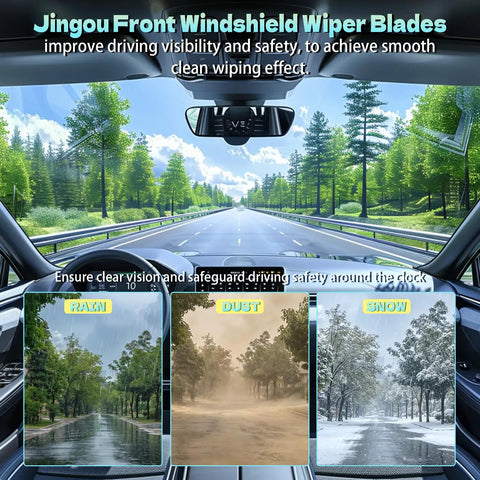 Premium Front Windshield Wiper Blades 26 Inch And 16 Inch Fit 2009 To 2018 Toyota Corolla And 2013 To 2021 Toyota Rav4 in action during rain, dust, and snow.