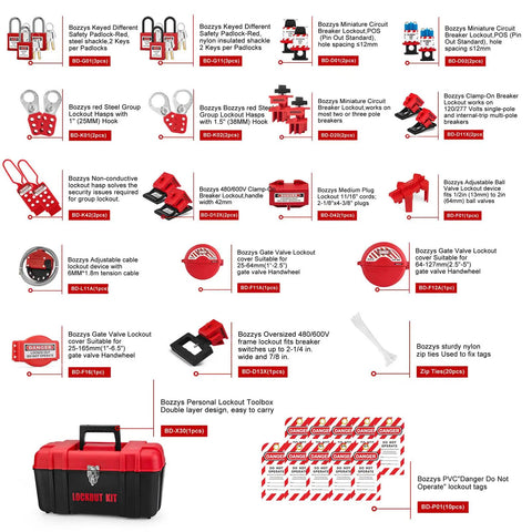 Grab And Go Lockout Tagout Kit With 39 Pack OSHA Compliant Locks And Red Double Decker Toolbox displayed with lockout devices.
