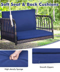 Cozy Navy Rattan Patio Swing Chair For One With Cushions, heavy-duty metal frame, sturdy hanging ropes, wicker seat, outdoor use