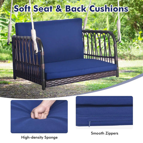 Cozy Navy Rattan Patio Swing Chair For One With Cushions, heavy-duty metal frame, sturdy hanging ropes, wicker seat, outdoor use