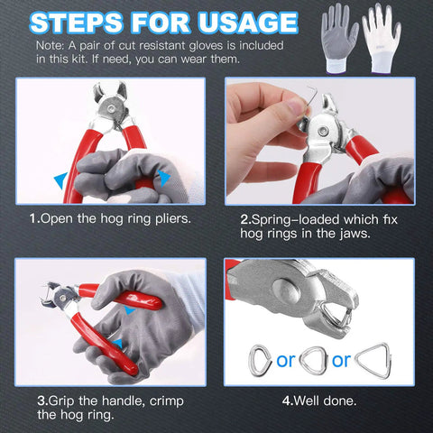 Instructions for using Hog Ring Pliers Kit With 360 Pcs Steel Rings 1/2 Inch 3/4 Inch 3/8 Inch And Anti Cutting Gloves