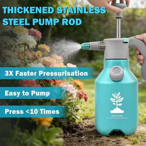 Half Gallon Garden Hand Pump Sprayer With 360 Degree Spray Rod Adjustable Nozzle shown in use watering flowers