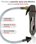 No Sweat Ac Drain Line Cleaner With Gallo Gun And Flexible Hose High Pressure Hvac Condensate Blaster close-up of trigger and hose.