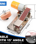 No Sweat Electric Mini Belt Sander And Knife Sharpener shows angled 15 degree work surface and compact motor design.