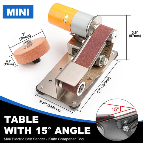 No Sweat Electric Mini Belt Sander And Knife Sharpener shows angled 15 degree work surface and compact motor design.