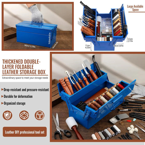 Pro Grade Leather Working Tools Kit With Double Layer Storage Box All In One DIY Stamping Cutting Engraving Punching Sewing Set