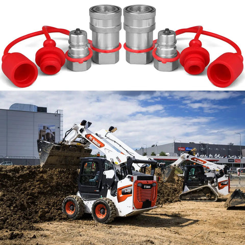 Three Eighths Inch Ag ISO 5675 Hydraulic Quick Connect Couplers With Dust Caps Pioneer Style For Easy Snap On Snap Off Connect And Disconnect Three Eighths Inch NPT Thread And Three Eighths Inch ISO 5675 Body
