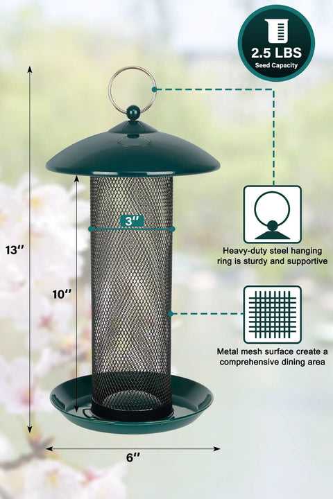 Outdoor Finch Bird Feeder With 2.5 Pound Capacity Squirrel Proof Metal Mesh Tube Hanging Feeder For Thistle And Nyjer Seed Green