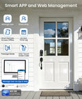 Front view of Rock Solid Matte Black Smart Lock For Front Door Handle featuring app control and fingerprint options.