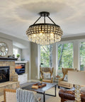 5 Light Black Crystal Round Chandelier Chic Modern Semi Flush Mount Ceiling Light Fixture For Farmhouse Living Room