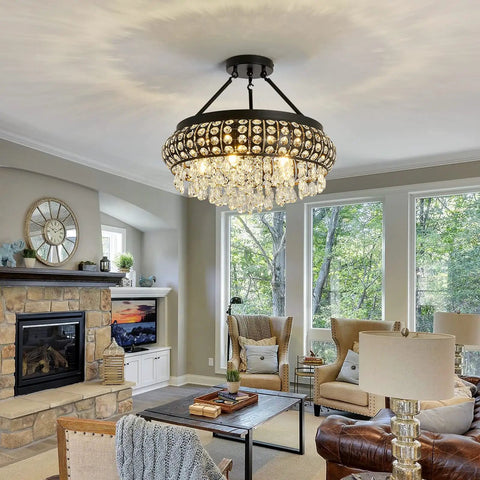 5 Light Black Crystal Round Chandelier Chic Modern Semi Flush Mount Ceiling Light Fixture For Farmhouse Living Room