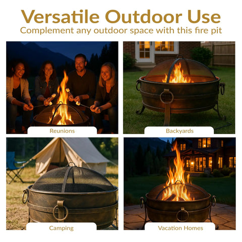 Outdoor 34 Inch Wood Burning Fire Pit Bowl With Spark Screen, Log Poker, And Grate For Backyard, Patio Or Campground Gatherings